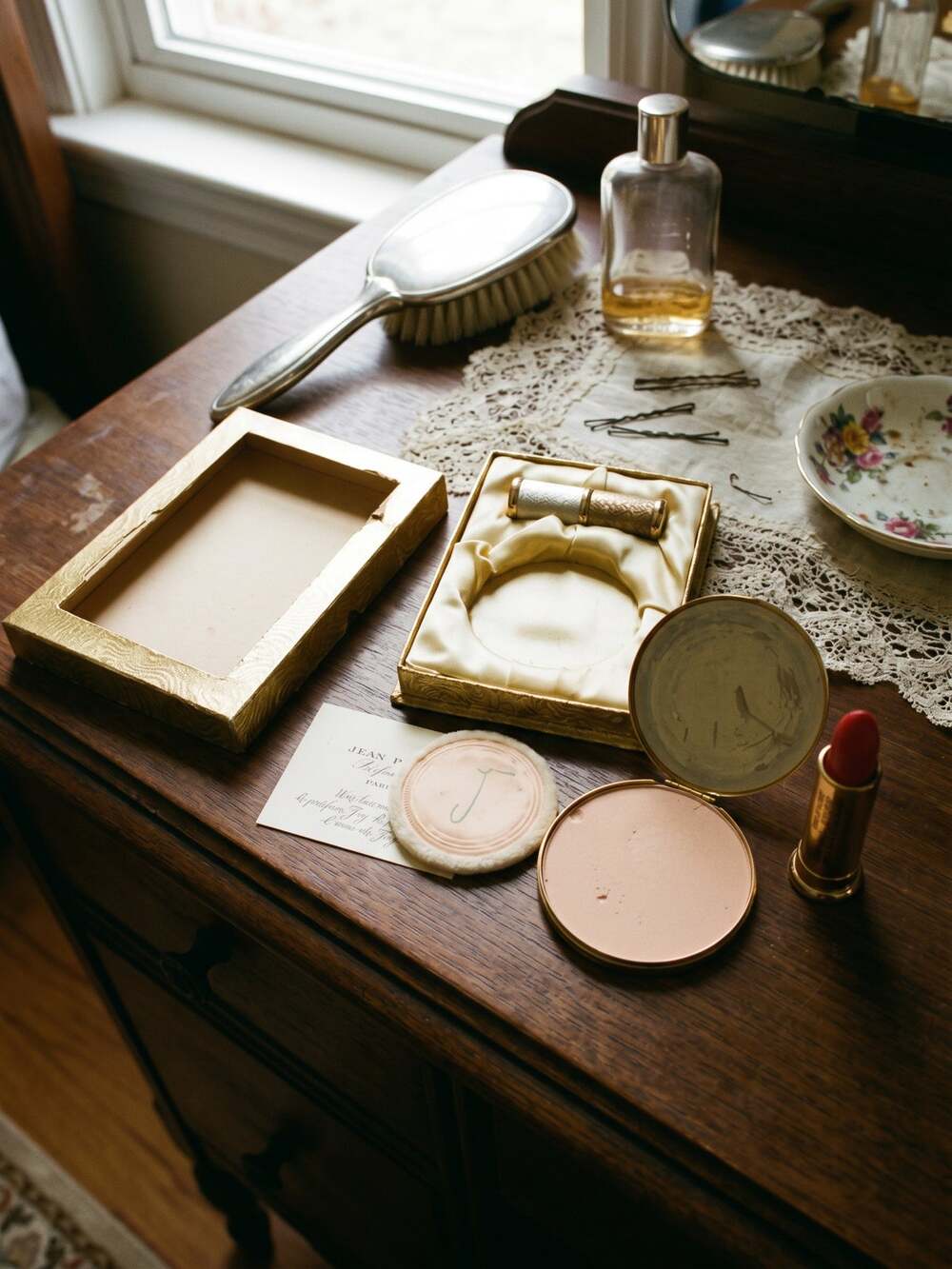 Vintage 1960s Coty Golden Metal Duette Vanity Set Compact Powder Lipstick Box